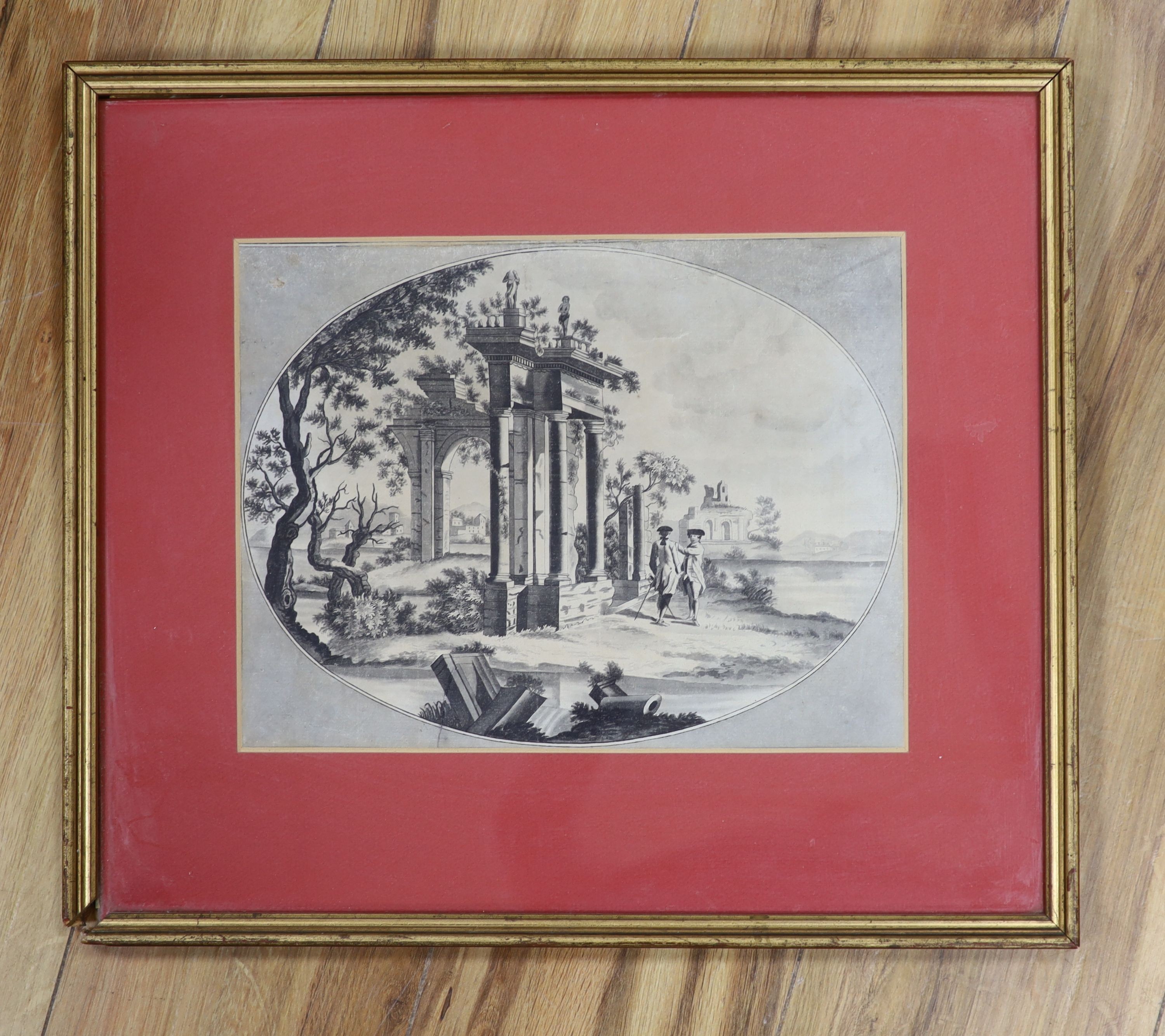 Late 18th century English School, ink and wash, English gentleman beside classical ruins, 23 x 29cm